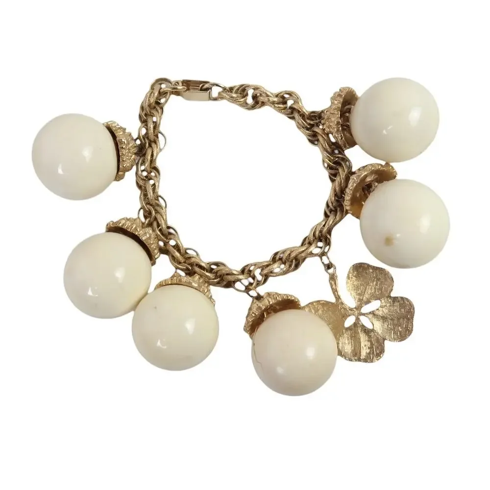 Vintage 80s Gold Chain Cream Circle Bobble Charms Chunky Bracelet